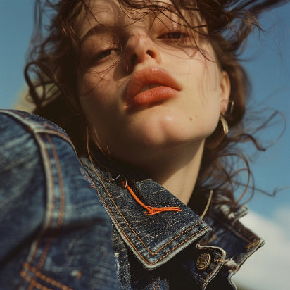 Close-up of a person wearing a denim jacket with a blurred background