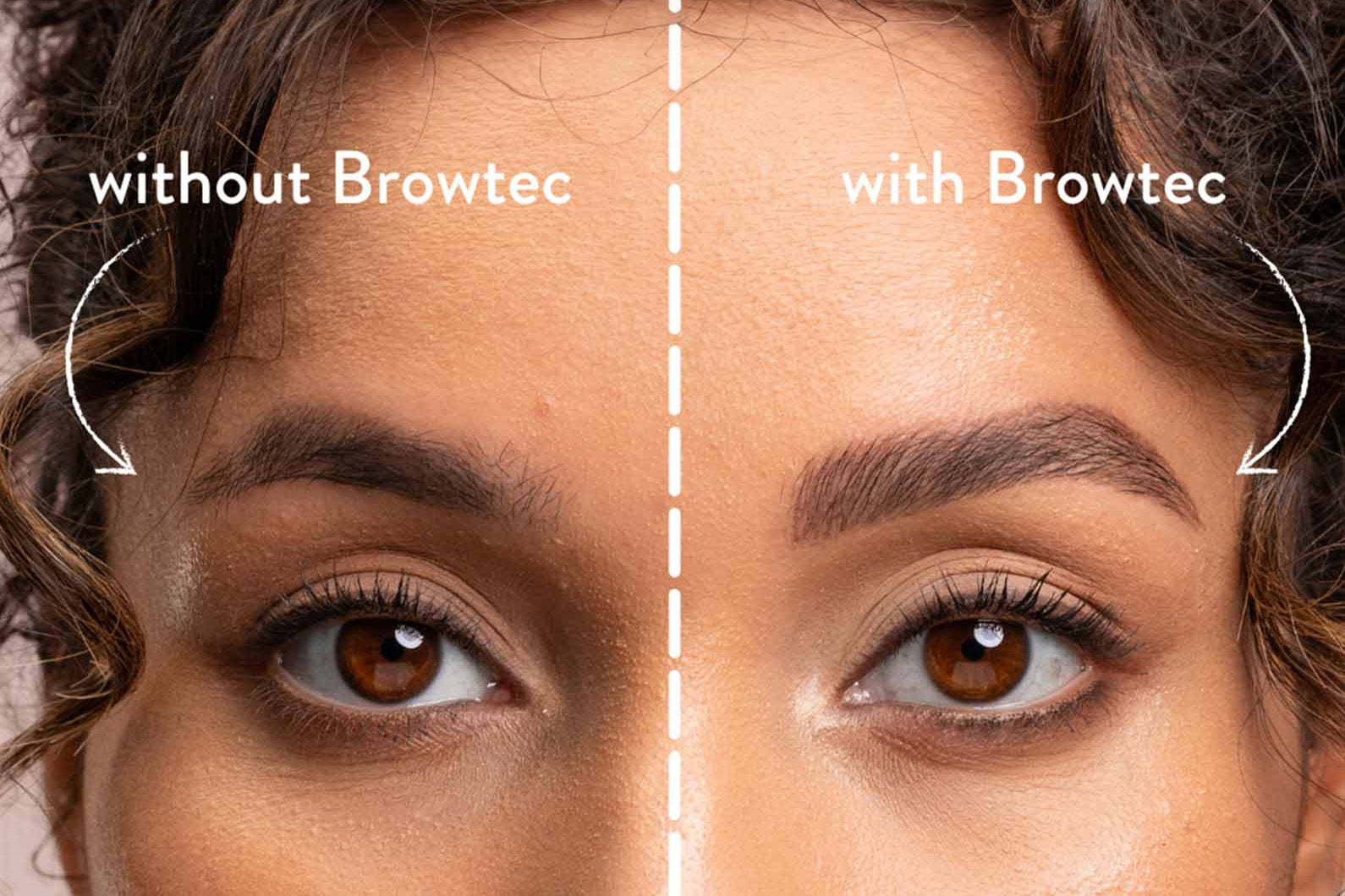 Before and after comparison of eyebrows with and without Browtec product.