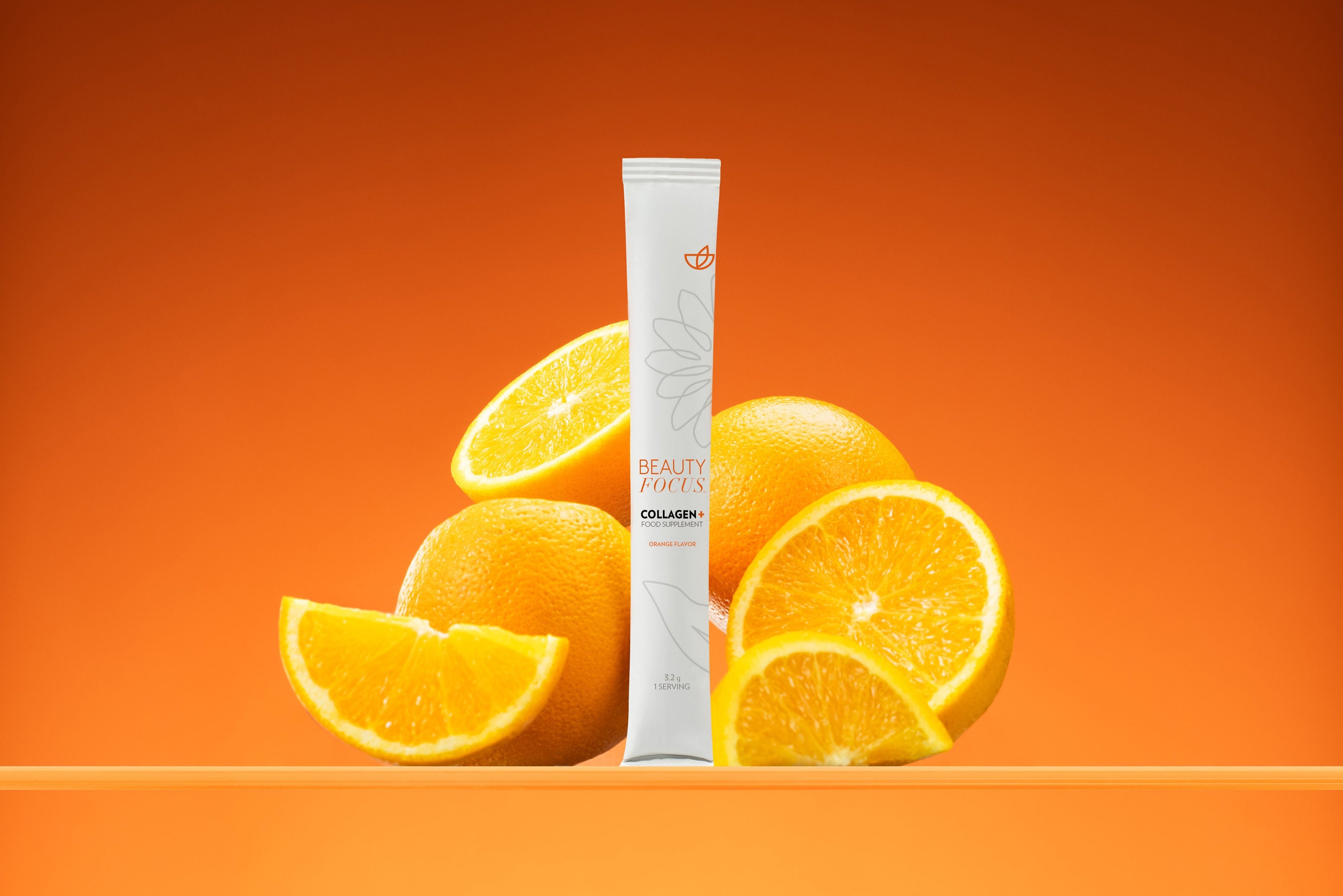 Collagen product with oranges on an orange background