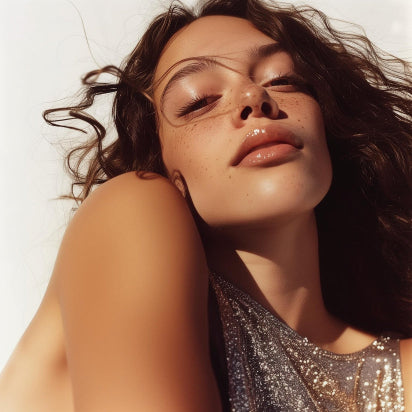 Woman with freckles lying down with eyes closed on a light background